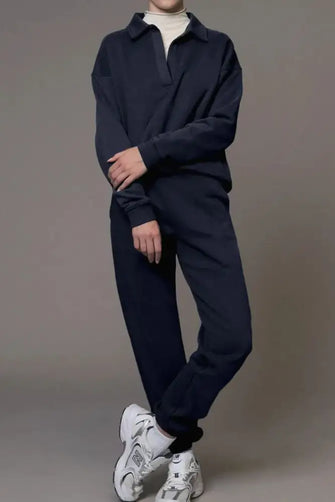 Johnny Collar Long Sleeve Top and Joggers Active Set Dark Navy Woman Activewear
