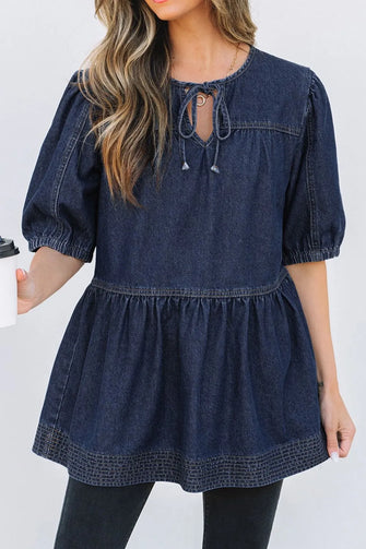 Tie Neck Babydoll Denim Top Navy