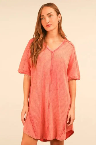 VERY J Plus Size Mineral Washed Ribbed Knit Mini Dress Coral Casual Dresses