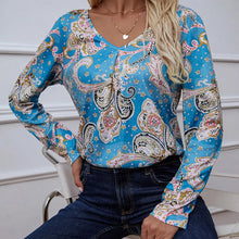 Shiny Printed V-Neck Long Sleeve Blouse Woman Blouses