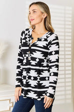 Heimish Full Size Geometric Notched Neck Long Sleeve Top Woman Blouses