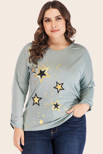 Full Size Star Graphic Slit Dropped Shoulder Top Sage