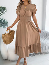 Smocked Frill Round Neck Midi Dress Casual Dresses