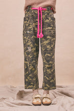 BiBi braided waist belt camouflage print denim pants in relaxed fit with vibrant pink drawstring and distressed details