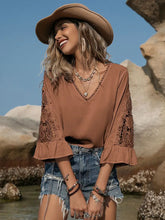 Openwork V-Neck Flounce Sleeve Blouse Woman Blouses
