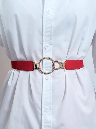 Double Ring Buckle Elastic PU Belt Red One Size Belts