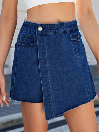 Frayed Hem Asymmetrical Denim Skort Dark