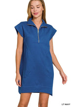 Zenana Textured Knit Jacquard Quarter Zipper Mini Dress LT NAVY