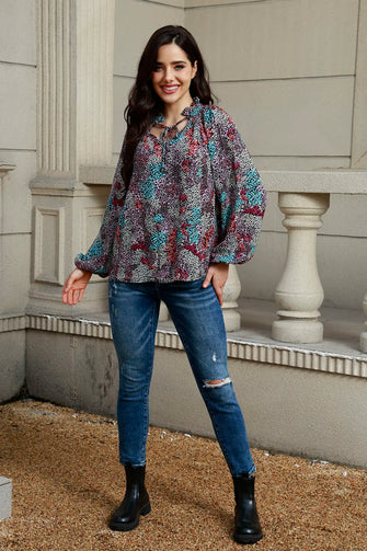 Tie Neck Heathered Balloon Sleeve Blouse Multicolor