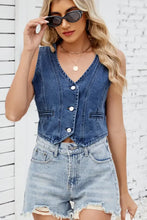 Button Down V-Neck Denim Vest Medium Woman Denim Tops