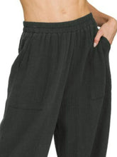 Black zenana double gauze elastic band pants with loose fit and side pockets for comfortable wear