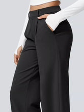 Black wide-leg pants with sleek tailored fit and high waistband suitable for machine wash cold care instructions