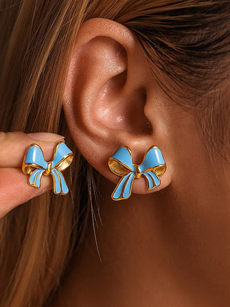Stainless Steel Oil Drip Bow Stud Earrings Sky Blue One Size