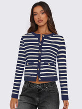 Striped Round Neck Button Up Long Sleeve Cardigan Navy Woman Outerwear