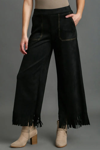Umgee Full Size Suede Fringe Hem Wide Leg Pants Plus Size Black