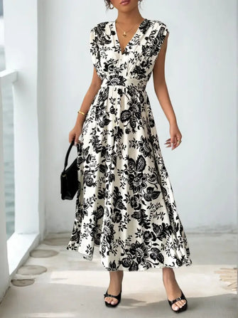 Printed V-Neck Cap Sleeve Dress Black Woman Casual Dress