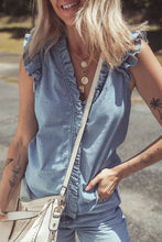 Frilly Ruffle Trim V Neck Chambray Tank Medium