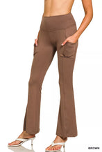 Brown high-waisted flare pants in brushed dty microfiber fabric with side pockets from zenana collection