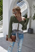 Twisted Waffle-Knit Color Block Buttoned Blouse Woman Blouses