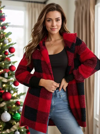 Plaid Long Sleeve Hooded Coat Deep Red Woman Outerwear