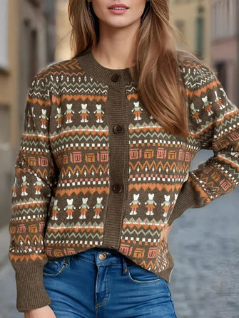 Graphic Button Down Long Sleeve Cardigan Brown One Size Woman Outerwear