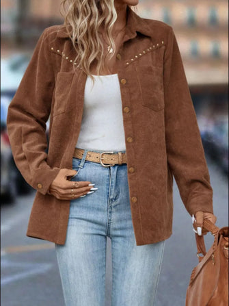 Button Down Long Sleeve Shacket Brown
