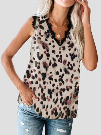 Lace Detail V-Neck Tank Leopard Tanks & Camis