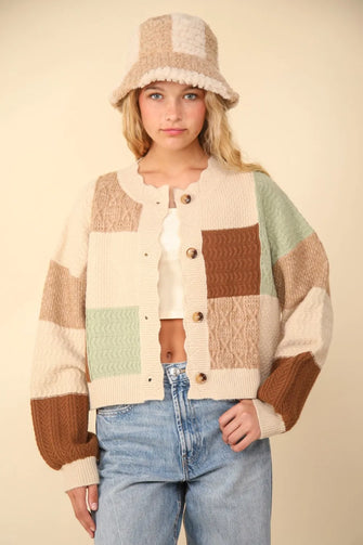 VERY J Color Block Button Down Textured Sweater Cardigan Oatmeal