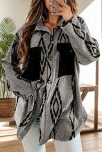 Pocketed Geometric Collared Neck Button Down Shacket Gray