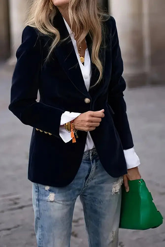 One Button Lapel Collar Long Sleeve Blazer Black Woman Outerwear