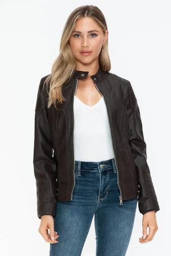 Snobbish Faux Leather Biker Jacket with Side Zip Pockets Chocolate Woman Outerwear