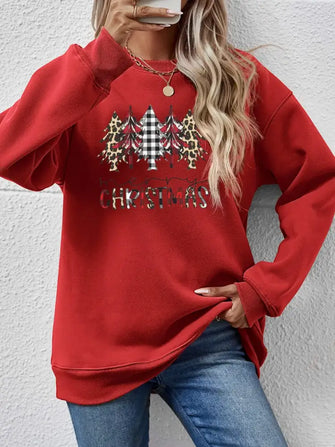 MERRY CHRISTMAS Round Neck Long Sleeve Sweatshirt Deep Red Woman Sweatshirts