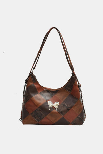 PU Leather Color Block Shoulder Bag Brown One Size