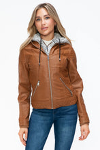 YMI Faux Layered Double-Zipper Jacket with Fuzzy Hood Camel