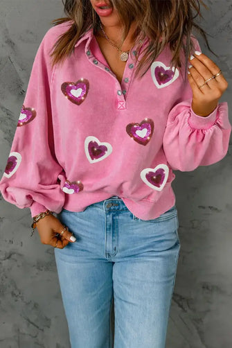 Heart Sequin Half Snap Mineral Wash Sweatshirt Pink Woman Sweatshirts