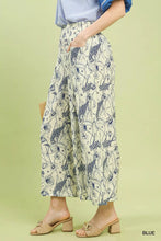 Umgee two tone floral print pants cream wide leg trousers with blue floral pattern elastic waistband and side pockets