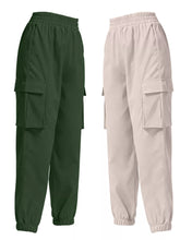 Dark green and beige 2 piece elastic waist cargo pants with side pockets and drawstring hems for versatile wear