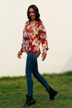 Floral V-Neck Smocked Lantern Sleeve Blouse Woman Blouses