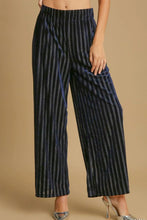 Umgee navy blue velvet pants with silver stripes featuring a full size elastic waistband and soft material composition