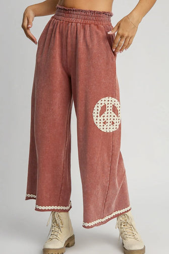 Umgee Full Size Peace Lace Applique Mineral Wash Wide Leg Pants Plus Size Rust