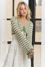 Adora long sleeves crochet knit sweater in green and white stripes with hood