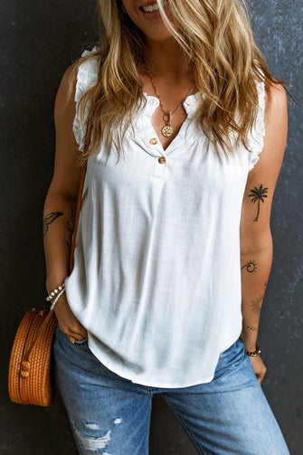 Frill Notched Sleeveless Tank White Tanks & Camis