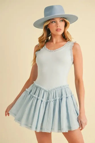 Aemi+Co Frill Sleeveless Drop Waist Mini Dress SKY Casual Dresses