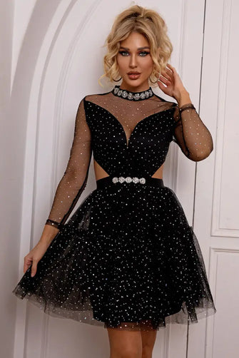Cutout Mock Neck Mesh Dress Black Cocktail Dress