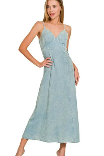 Zenana Tencel Mineral Washed Maxi Dress BLUE GREY Casual Dresses