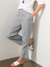 Plus size full size striped linen trousers with button cuff details for a perfect fit and all-day comfort