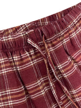 Maroon and beige plaid wide leg pants with elastic waistband and matching drawstring for comfortable wear