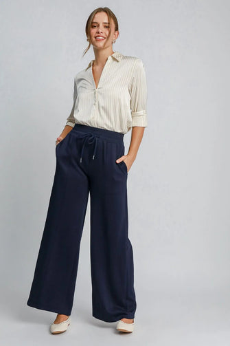 Umgee Drawstring Wide Leg Pants with Pockets Midnight