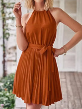 Pleated Tie Waist Sleeveless Mini Dress Casual Dresses