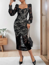 Perfee Lace Sweetheart Neck Long Sleeve Midi Dress Black